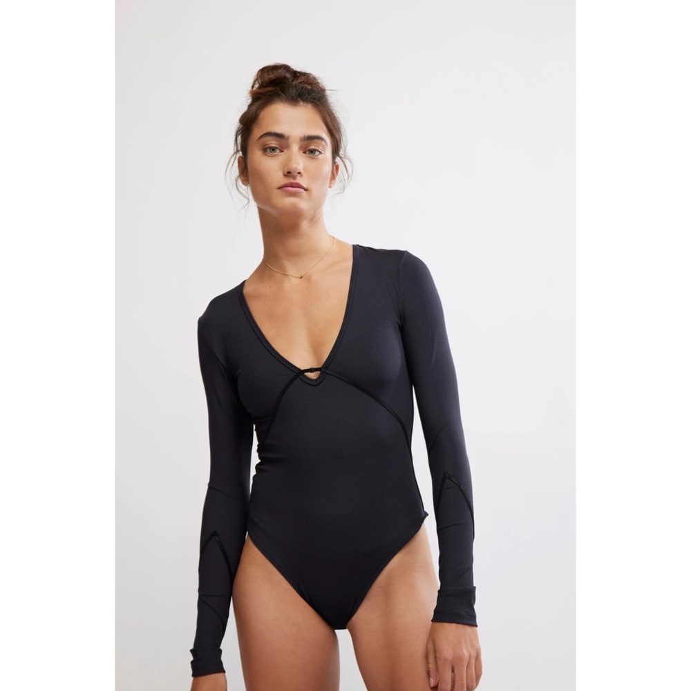 Free People Black Bodysuit Plunge Long Sleeve Small S
